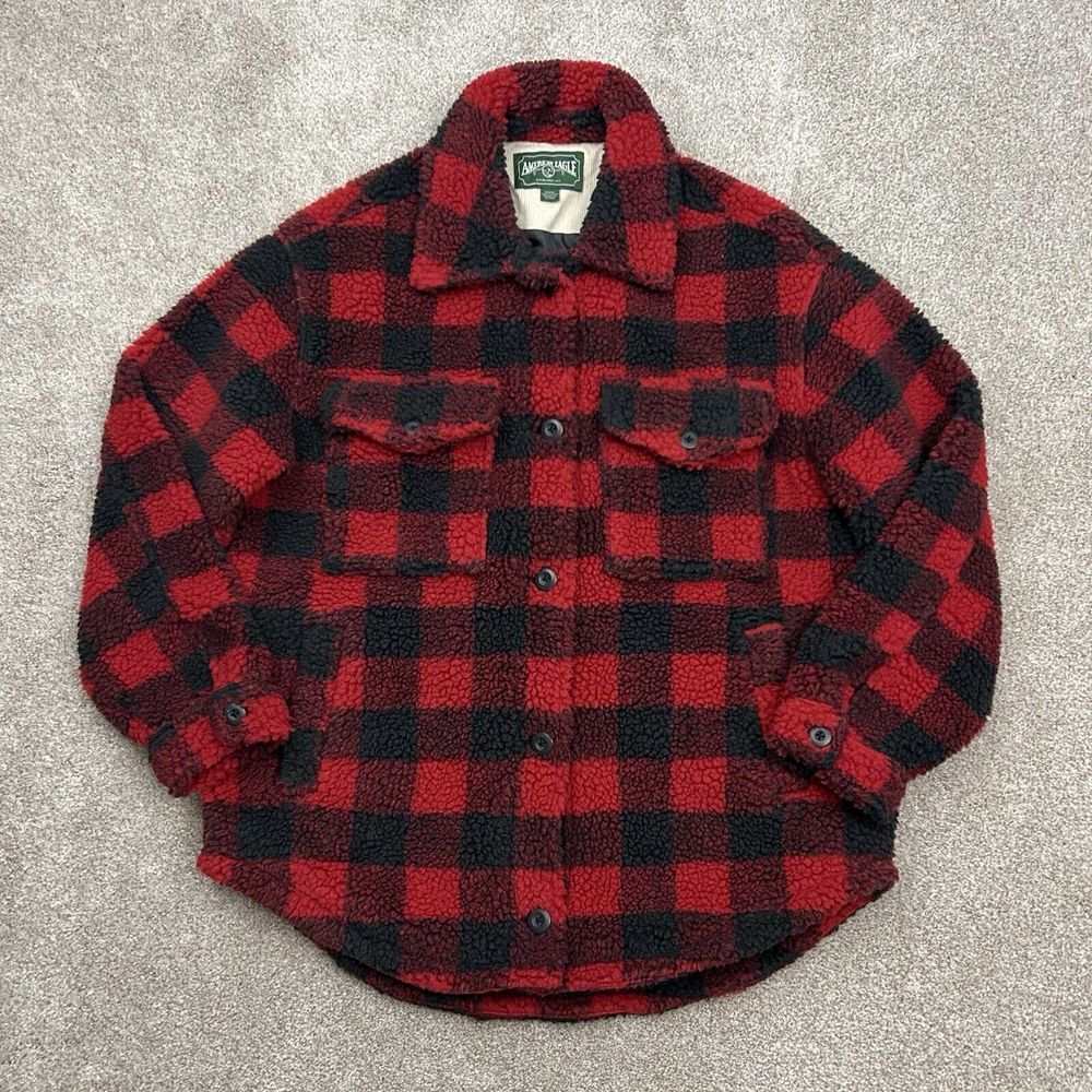 American Eagle Women's Size M Fleece Sherpa Red‎ Buffalo Plaid Button Up Jacket